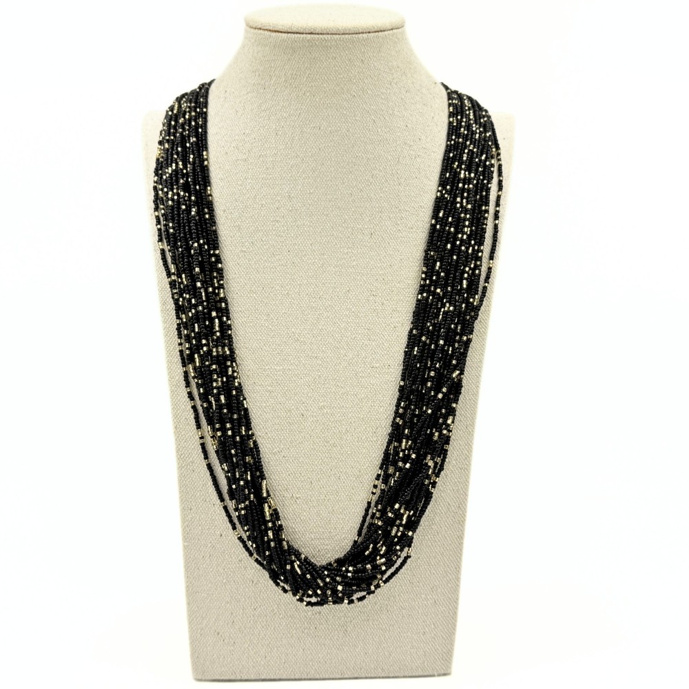 Vintage Retro Black Gold Glass Seed Beads 25 Strands Torsade Necklace