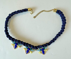 Bee Blue Necklace BRAIDED KNOTTED ROPE 18″ Blue Rhinestone Charm Jewel Bug