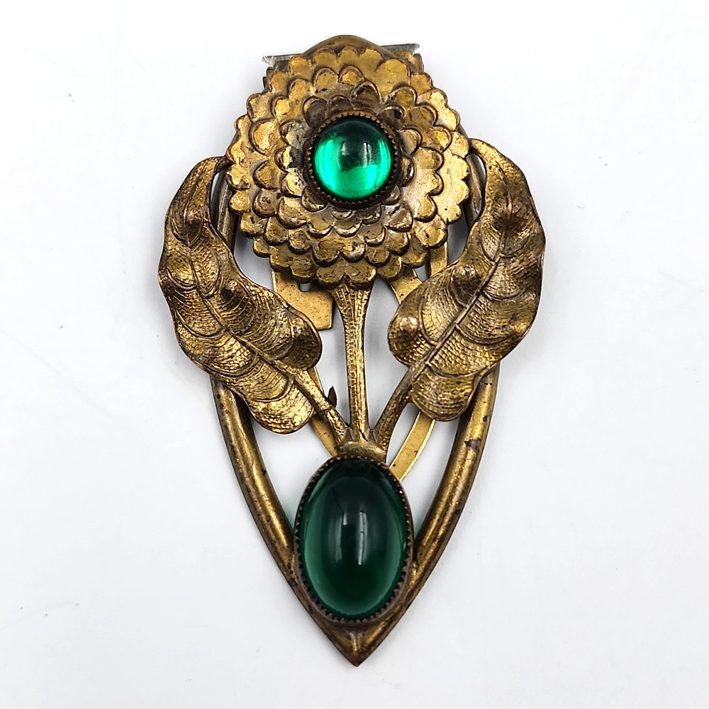 Green Glass Cabochon Floral Brass Fur Dress Clip Leaves 2.5 In Vintage