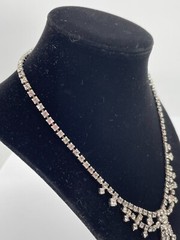 Antique Victorian Revival Silver Tone Faceted Rhinestone Bow Statement Necklace
