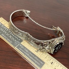 Whiting & Davis Intaglio Lily Flower Cameo Silvertone Hinged Bracelet Mesh Bags