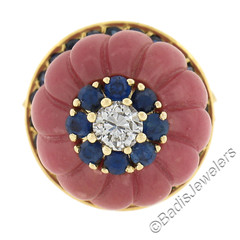 Gold Carved Rose Quartz 1.52ctw Sapphire & Diamond Flower High Profile Ring