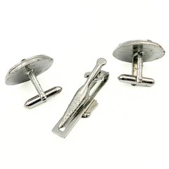 Vintage Swank Dragon Etched Silver Plate Black Enamel Cufflinks Tie Bar Set