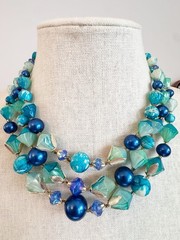 Vtg Hong Kong 3 Strand Beaded Collar Necklace Peacock Blue Turquoise Iridescent