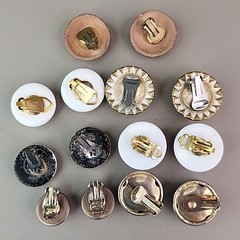 Vintage Round Clip On Earrings Lot of 7 Red White Blue Brown Acrylic Resin