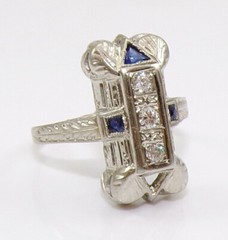 VTG 18K White Gold Art Deco European Cut Diamond & Sapphire Ring Size 5.5 FZ