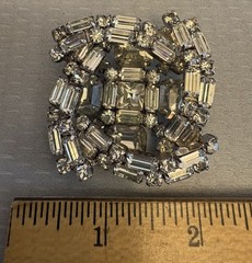 Kramer of New York Signed Brooch Pin Crystal Rhinestones Baguette Square Swirl