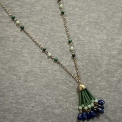 VTG Long Y Site Lariat Glass Beaded Faux Jade Lapis Necklace Gold Tone Fringe