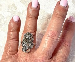 C&C Rhodium Electroplate Clark & Coombs Art Deco Marcasite Rose Flower Ring VTG