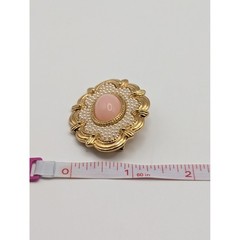 Vintage Gold Tone Scalloped Brooch Pin Pink Cabochon Faux Seed Pearl 2 Inch