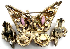 Vintage Juliana Butterfly Brooch & Earrings ~ Fushia & Olive with Easter Eggs
