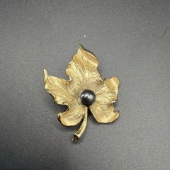 Vintage Gold Tone Maple Leaf Brooch Pin with Faux Black Pearl Center, 1960s
