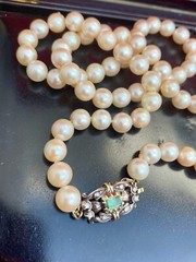 Antique 24″ Pearl Necklace, 18k Diamond Emerald Clasp, Spain Estate, 8 Diamonds