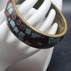 Nepalese Brass Bangle Bracelet Mosaic Turquoise Coral Inlay Boho Ethnic Jewelry