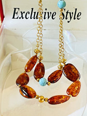 Natural Baltic Amber Necklace With Turquoise 14K Gold Filled