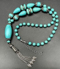 CHINESE TURQUOISE Necklace 70s Tassel Y-Drop 18” Silver Plated Statement #1 EUC