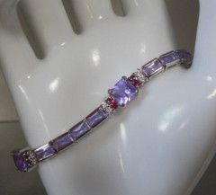 Purple Glass & Pink Topaz Sterling Silver Tennis Bracelet Marked R 7.5″ Long