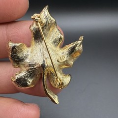 Vintage Gold Tone Maple Leaf Brooch Pin with Faux Black Pearl Center, 1960s