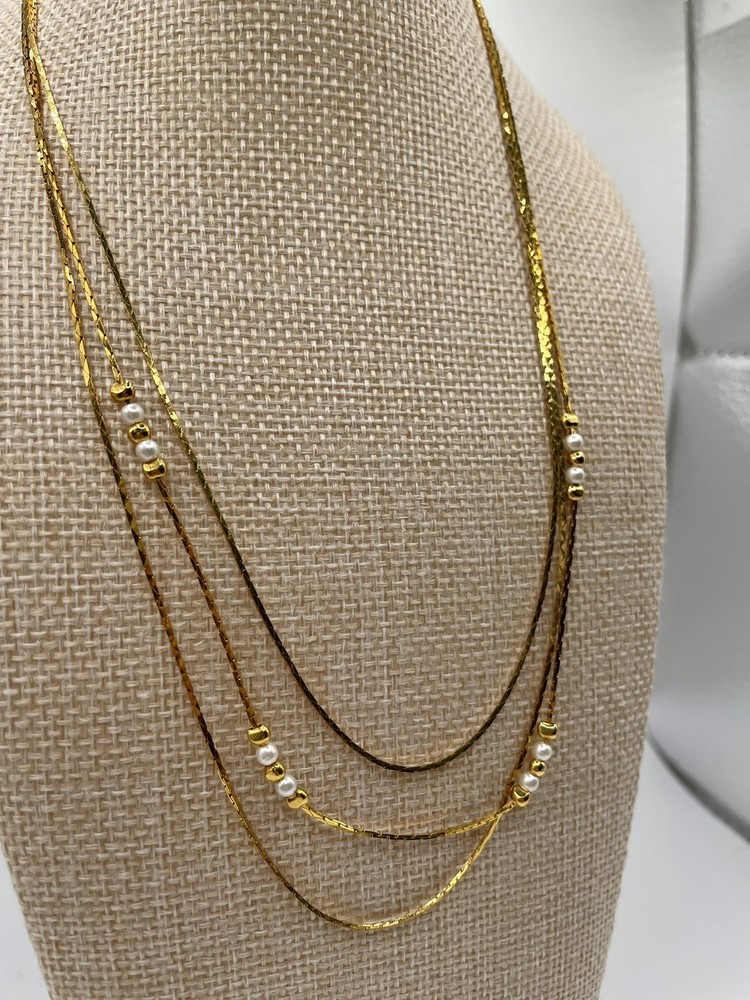 Vintage Gold Tone Multi Strand Necklace Dainty Faux Pearls