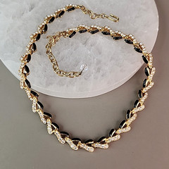 Vintage Swarovski Necklace Black Enamel Clear Crystals Gold Tone 17″