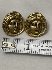 MMA I.M. SIGNED MEDUSA FAUX GOLD TONE ANTIQUE COIN 14k POST EARRING