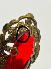 Vintage Large Red Glass Ornamental Brass Setting Brooch Missing Pin READ