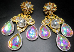 LAWRENCE VRBA Huge Aurora Borealis & Ice Rhinestone Clip Earrings