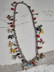 Vintage Tropicana Necklace Silver Wooden Animals Birds Chain Parrot Hearts 1960s