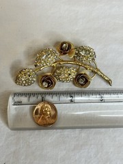 Vintage Flower Brooch with Rhinestone Leaves