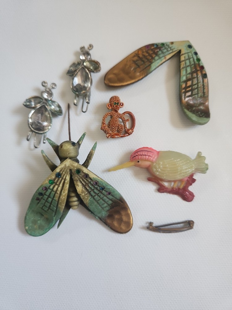 Random Animal Brooches Pins Cicada Monkey Bird Lot Of 6