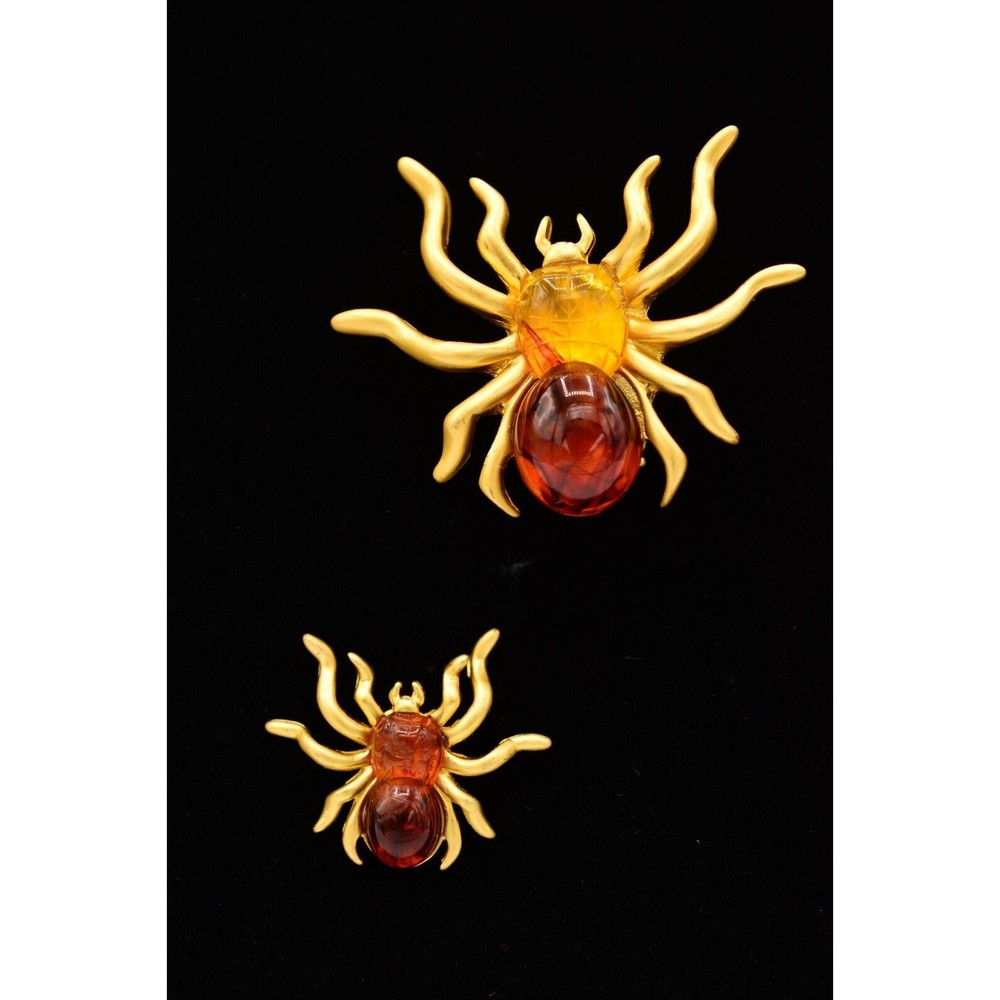 Vintage Spider Pin Lapel Tac Set Brushed Gold Tortoise Halloween NOS 1980s BinA7
