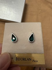 Vtg D’Orlan Paris Emerald Green Crystal Teardrop Stud Earrings Silver Tone