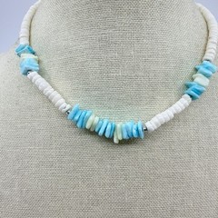 Vintage Silver Tone Turquoise Color Heishi Bead Necklace Shell Chip Strand Boho