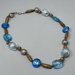 Beaded Necklace Blue Glass Fused Foil Acrylic Crackle Faceted Wood Metal 21″