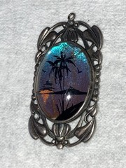 Antique Sterling Silver Morpho Butterfly Wing Pendant Palm Trees Tropical Scene