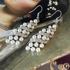 Vintage Faux Pearl & Glass Rhinestone Ribbon Dangle Earrings – Silvertone – 2.5”