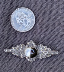 Vintage 925 Sterling Silver Marcasite Black & White Brooch Pin MOP Stone F3