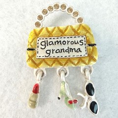 AJMC Glamorous Grandma Purse Brooch Rhinestone Dangle Charm Pin VTG