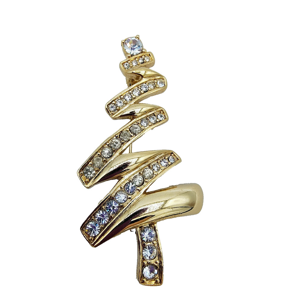 Vintage Monet Christmas Tree Brooch Gold Tone Rhinestone Abstract Holiday