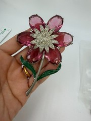 Vintage Brooch Pot Metal Stunning Purple Flower Glass Large Painted Estate