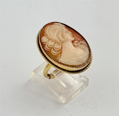 Vintage JMS 12K G.F. Large Carved Shell Cameo Adjustable Ring Currently Sz 6.25