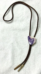 Vintage White Purple Swirl Purple Stone Cabochon Brown Faux Leather Bolo Tie
