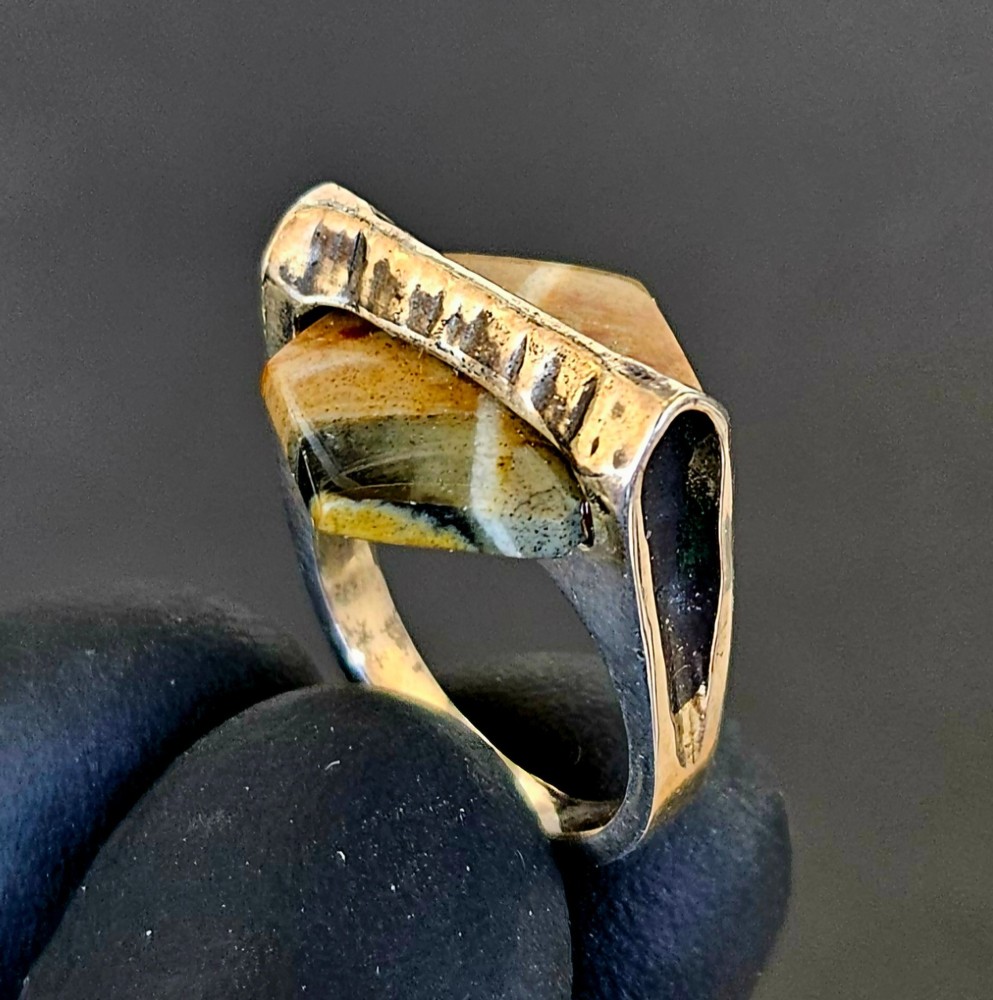 Vintage 925 Sterling Silver Brutalist Ring Raw Tiger Eye Modernist Statement