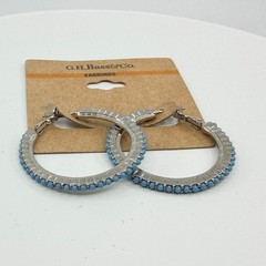 VTG G.H. Bass & Co Silver Tone Blue Seed Bead Accent Border Medium Hoop Earrings