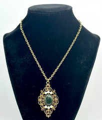 Necklace & Gold Tone Filigree Jade Stone & Faux Pearls Pendant Vintage