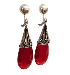Sterling Red Glass Tear Drop Capped Dangle Clip On Earrings J505