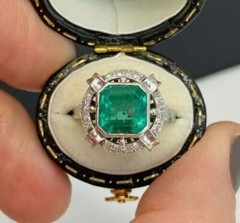 Colombian Green 3Ct Lab Created Emerald Old Mine Cut 14K White Gold Finish Ring