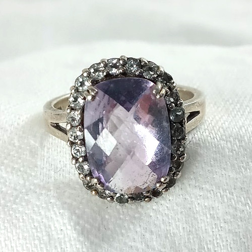 Vintage 925 Sterling Silver RING Cushion Faceted Amethyst Stone CZ Halo 9.5 – 10