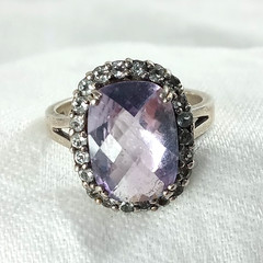 Vintage 925 Sterling Silver RING Cushion Faceted Amethyst Stone CZ Halo 9.5 – 10