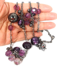 Purple Beaded Station Necklace Art Glass A/B Acrylic Beads Gunmetal Flapper 36″